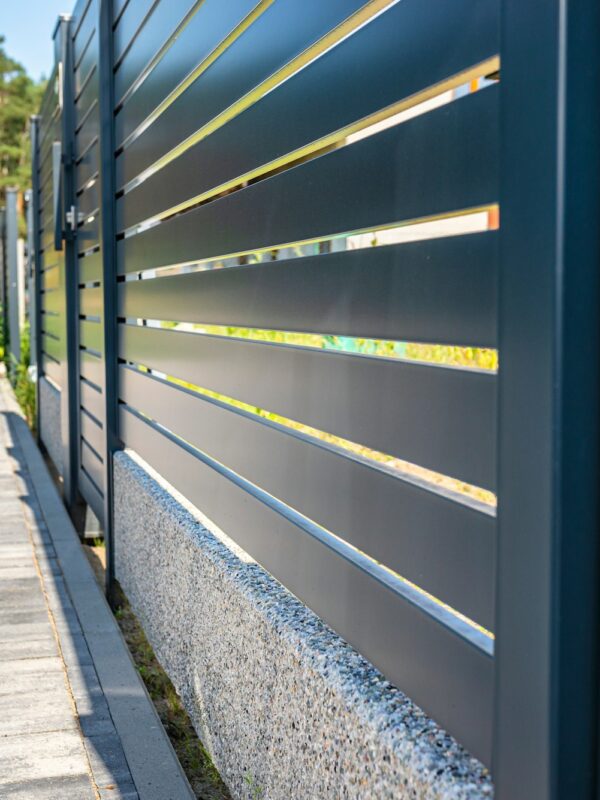 Modern panel fencing in anthracite color, visible spans and a wicket, forest in the background.